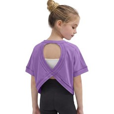 웬리아 걸스 운동 셔츠 반팔 오픈 백 탑 액티브 스포츠 티 퀵 드라이 크롭 액티브웨어 5-14Y, 보라색, 7-8년