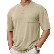 Opomelo 남성용 헨리 셔츠 반소매 애슬레틱 스트레치 티 베이직 여름 버튼 티셔츠 포켓 포함 데님 블루 XXL 269817, 카키