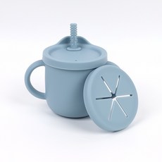 矽膠寶寶水杯 (2合1) - 吸管杯 零食杯 矽膠零食杯 寶寶吸管杯 牛奶杯 幼稚園適用, 霧藍色, 1個