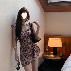 YellwelV넥 레오파드 여름용 원피스 체형 보정 멜빵 드레스 DJP