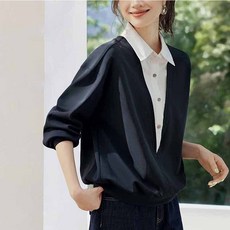 AOKADA 여성 봄 가을 레이어드 배색 카라 셔츠 맨투맨 투인원 상의