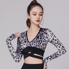 Makone 라틴댄스 여성호피 브이넥 긴팔 상의, 그레이