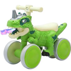 NMM 아기 공룡 밸런스 바이크 1 2 3세 유아용 공룡 라이드 온 장난감 자동차 LED 조명 음악 및 미스트 스프레이 효과가 있는 4륜 보행기 스쿠터 남아 및 여아, 초록색