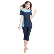 TianMaiGeLun 여성용 단정한 수영복 래쉬가드 반소매 수영복 단정한 수영 코스튬 서핑 수트 버키니 네이비 블루 X-Small 154786