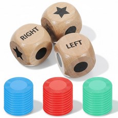 Sibba 왼쪽 오른쪽 중앙 게임 주사위 3개 칩 30개 25mm 나무 롤 주사위 게임 세트 및 다채로운 포커 칩 나무 주사위 캠핑 파티 여행 야외 피크닉 보드 게임용, Sibba 왼쪽 오른쪽 중앙 게임 주사위 3개, 칩 3