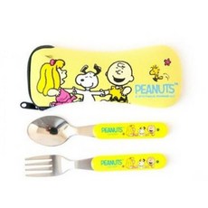 PEANUTS 史努比兒童餐具組 便攜湯匙叉子套裝 可愛卡通餐具, Yellow, 1個, Spoon, Fork, Case