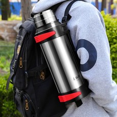 超大容量保溫壺 304不鏽鋼保溫杯 男女戶外旅行便攜熱水壺野營壺, 1個, 黑色【+小碗揹帶】1000毫升