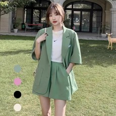 Titikong 여성 정장 상하복 빅사이즈 여름 반팔 자켓 반바지 투피스 루즈핏 세트