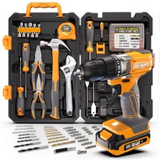 希孟 81件多功能手電鑽套裝 18V 家用電動螺絲刀充電式組合工具箱, 1個, 18V鋰電鑽【黃色81件套】