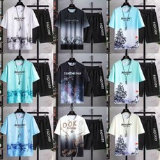冰絲漸變套裝 夏季休閒寬鬆套裝 運動套裝【M-5XL】短袖套裝男 漸變印花短袖套裝 T恤套裝 速乾 透氣 健身 冰絲套裝