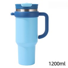 신형 내외부 304 스테인리스 스틸 40oz 듀얼 드링크 아이스컵 누수 방지 접이식 빨대 뚜껑 차량용 컵, 스카이 블루-핸들형, 40온스/1200ml