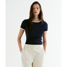 매장정품 무신사스탠다드우먼 MUSINSA STANDARD WOMAN 우먼즈 슬림 크루 넥 링거 반팔 티셔츠 [네이비크림] MWDTS5Z04-D5 542167