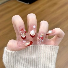 冬季限定碎鑽聖誕樹蝴蝶結花環甜美可愛法式漸變貓眼純手工穿戴甲, 1個, M +美甲五件套工具包,聖誕初雪【甲型丨中橢圓】