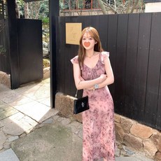 Yellwell여성 여름 쉬폰 롱 원피스 민소매 플로럴 드레스 하객룩 추천 원피스LST