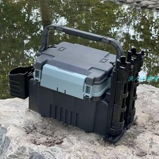 台灣出貨 海釣工具箱路亞箱輕便工具箱可坐人迷你便攜插桿大容量雙層釣箱, X-淺藍色,箱子小號23*23*31插桿架杯架各一個, 1個