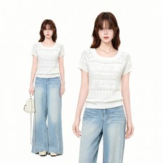해피유통 여성 라운드넥 반팔 니트 상의 펀칭 디테일 데일리룩