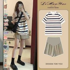 봄 여름 임부복 패션 트렌디 임산부 슈트 캐주얼 스트라이프 반팔 얇은 티셔츠 상의 루즈핏 반바지 투피스 SJS