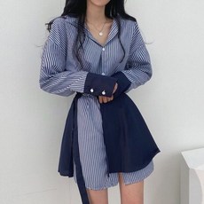 여성 봄 스트라이프 셔츠원피스 린넨 소재 벨트 포인트 롱 데일리 코디