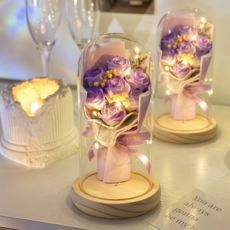 Leesheer 기념일 선물 유리돔 미니 꽃다발 무드등 비누꽃다발 + 예쁜 미니카드, 보라색