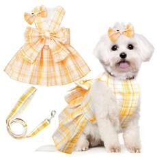 PETCARE 소형견을 위한 귀여운 강아지 드레스 옷 고양이 소녀 여성 옐로우 격자무늬 나비 넥타이 개 하네스 목줄 세트 진주 리본 액세서리 생일 시츄 요크스 치와와 의상
