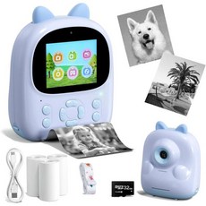 카메라 인스턴트 프린트 프린터가 포함된 디지털 10세 소녀 생일 선물프린트 용지 포함 여자 아이 장난감, Blue