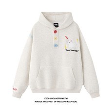 FXOP 刺繡小狗彩色半紐扣連帽衛衣 女 冬 寬鬆 慵懶風 上衣, 1個, 黄花灰色,L