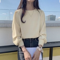 여성 퍼프소매 라운드넥 블라우스 오피스 하객룩 퍼프 반팔 셔츠 오피스룩 셔링 소매 라운드