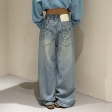 더그랜 여아 주니어 리본 자수 아동 밴딩 와이드핏 청바지