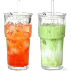 텀블러 리드와 유리 빨대가 포함된 두꺼운 리브드 유리컵 아이스커피 스무디 칵테일 주스용 컵, 2개, 투명 550ml