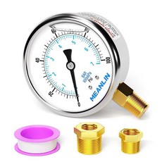 MEANLIN MEASURE 0~4000Psi 스테인리스 스틸 0.6cm(1/4인치) NPT 6.4cm(2.5인치) 페이스 다이얼 액체 충전 압력 게이지 WOG 워터 오일 에어, 0-100Psi, 하단 마운트