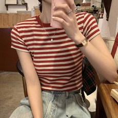 데일리 여름 단가라 스트라이프 라운드 티셔츠 반팔 여성 반팔티 여자 루즈핏 캐주얼 줄무늬