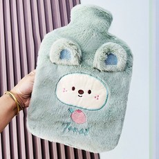 優選冬季必備註水式熱水袋安全保暖插手熱水袋註水可愛毛絨橡膠灌水暖水袋女學生防爆裝水暖手寶新款, 韓國綠（立耳兔雙插手1900ml）