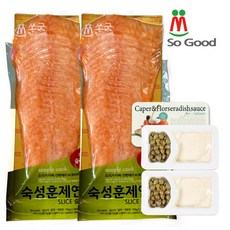 [So Good]쏘굿 훈제연어 슬라이스 1kg*2개+케이퍼&홀스래디쉬소스3개, 1세트, 1kg*2+소스3개