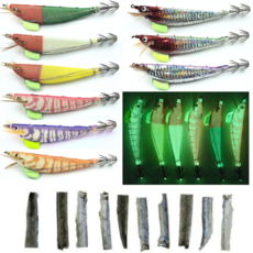 UV 틴셀 수평 한치 삼봉 에기 10종+국산 학꽁치포 10조각 세트, 1개