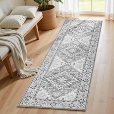 Lofus 입구 욕실용 5.1 x 7.6cm(2 x 3인치) 세탁 가능한 러그 바닥용 미끄럼 방지 주방 매트 빈티지 소프트 도어 매트 실내 입구 좁은 공간 러그 거실 침, 2피트 x 6피트, 플로럴 그레이