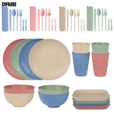 DFMEI 創意摩卡岩石紋仿陶瓷餐具小麥秸稈盤子碗杯子戶外餐具套裝, 1個, C岩石紋(四人份 44件套)混色, 參考詳情