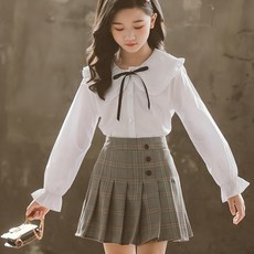 女童大翻領蝴蝶結荷葉邊縮口長袖襯衫+格紋百褶裙套裝