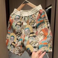 해피유통여성 여름 프린트 캐주얼 반바지 신축성 있는 스트링 디테일lmy