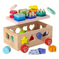 역할놀이소꿉놀이 12구멍 컬러풀 컬럼 지능 카트 장난감 3 기하학 모양 블록 모양 맞추기 및 분류 색상 인식 운동 능력 개발 밀고 당기는 장난감 36세 어린이용 어린이 장난감, 1)색상풀 세트의 지능 상자