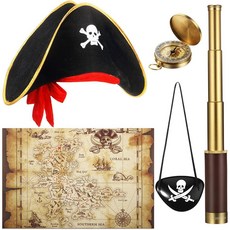 해적 단안 망원경 보물 지도 포켓 나침반 모자 해골 프린트 캡틴 코스튬 5피스 파티 선물 코스튬 어린이 코스프레용(스몰), 해적 단안 망원경 보물 지도 포켓 나침반 모자 해골 프