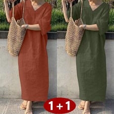1+1여성 린넨 원피스5XL 여름 빅사이즈 추천 반팔 무지 오버핏 V넥 얇은 더위 흡수 통기성 면 마 디자인 세련 스타일 휴양지 롱 원피스