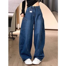 해피유통 여성용 와이드 롱 청바지 넓은 다리 바지 자수 디테일 스트 데님 팬츠 가을 겨울 패션