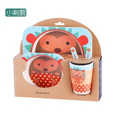 YIChu 竹纖維兒童餐具套裝 卡通可愛餐盤勺叉組 寶寶輔食碗, 小刺蝟5件套, 1個