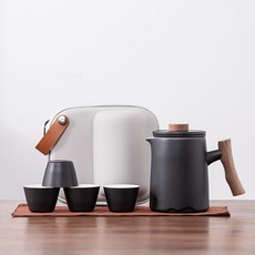 倉木 快客杯 旅行茶具套裝 一壺四杯 陶瓷木柄便攜茶壺, 1個, 蒼木-一壺四杯-磨砂黑