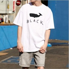 남녀공용 블랙 고래 실루엣 BLACK 손글씨 프린트 반팔티 200G 면 티셔츠 라운드넥 오버핏 빅사이즈 루즈핏 썸머 통기성 베이직 무지반팔티