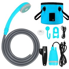 휴대용 USB 충전식 야외 샤워 키트 2.5-3.5L/min 유량 2m 호스 30-60분 배터리 캠핑 펌프, Blue with bucket