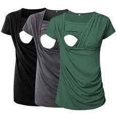 Ecavus 3피스 여성용 임산부 수유 상의 모유 수유용 반소매 사이드 주름 셔츠 01-블랙/브라운/오렌지 핑크 XXL 186159, Small, 03-블랙/다크 그레이/헌터브르