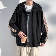 女款三條杠衝鋒衣外套 防風薄款運動夾克 寬鬆連帽設計, XL, 黑色