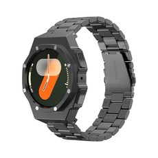 갤럭시 워치 7 44mm 2024용 밴드가 있는 럭셔리 케이스 남성용 전술 스테인리스 스틸 스트랩이 있는 견고한 군사용 보호 금속 범퍼 커버, Black