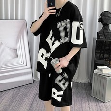 FINE ART 남자 빅사이즈 반바지세트 프린팅 반팔티 반바지 상하세트 오버핏 여름 트레이닝복세트 츄리닝